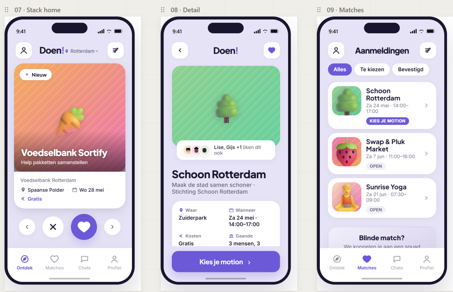 Doen! prototype op iPhone — swipe feed met activiteiten